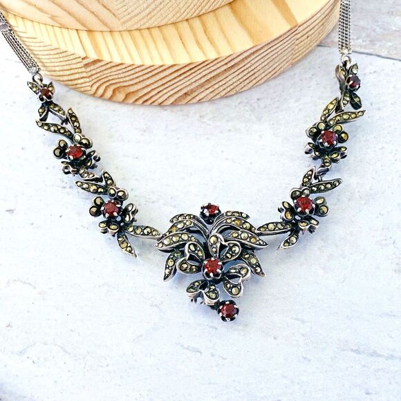 Gorgeous Sterling Silver Marcasite Garnet Necklace 20 In Long January Birthstone - Picture 3 of 16